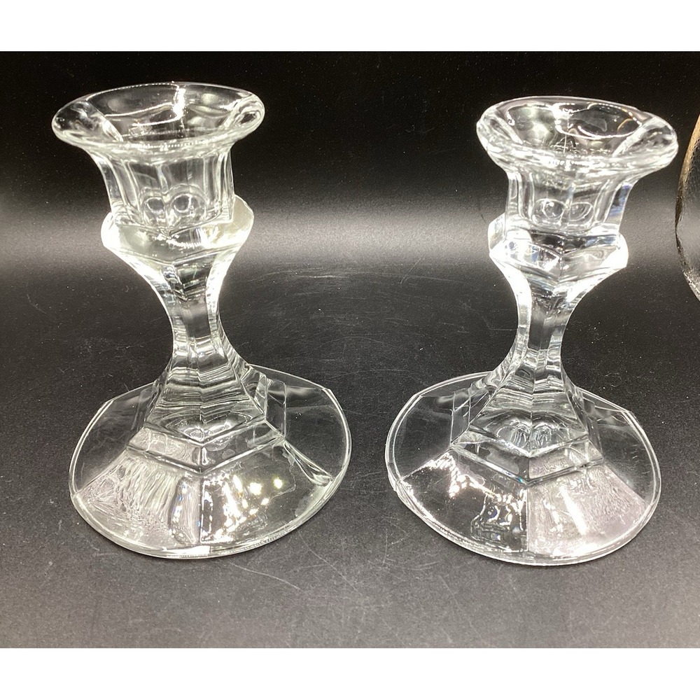 Pair‎ Of Vintage Libbey Glass Candlestick Taper Holders - 4" Tall Candle Clear